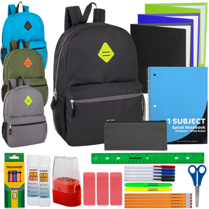 19 Inch Side Pocket Backpack with 30-Piece School Supply Kit - 4 Boys Colors - BagsInBulk.ca