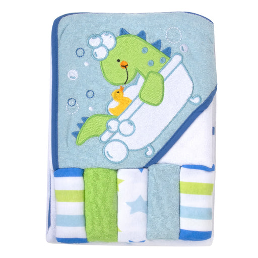 Baby Bath Set with Hooded Towel & 5 Wash Cloths - Blue Dinosaur Theme - BagsInBulk.ca