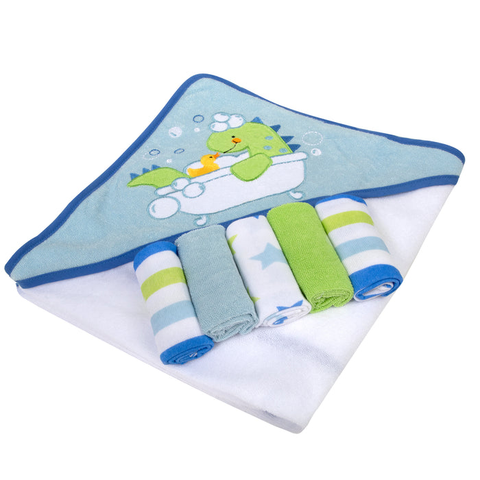 Baby Bath Set with Hooded Towel & 5 Wash Cloths - Blue Dinosaur Theme - BagsInBulk.ca