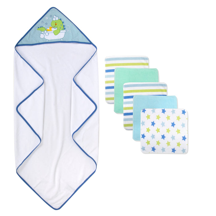 Baby Bath Set with Hooded Towel & 5 Wash Cloths - Blue Dinosaur Theme - BagsInBulk.ca