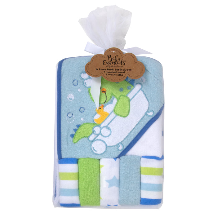 Baby Bath Set with Hooded Towel & 5 Wash Cloths - Blue Dinosaur Theme - BagsInBulk.ca
