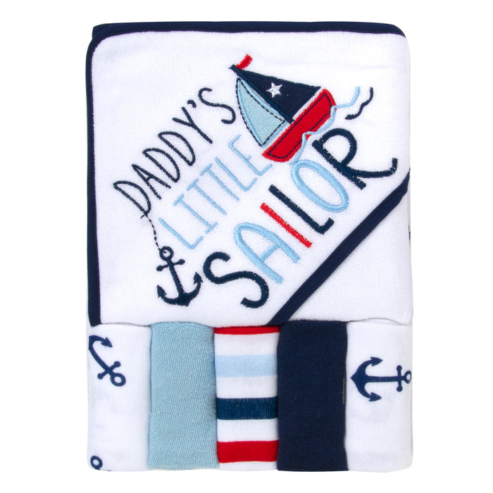 Baby Bath Set with Hooded Towel & 5 Wash Cloths - Little Sailor Theme - BagsInBulk.ca