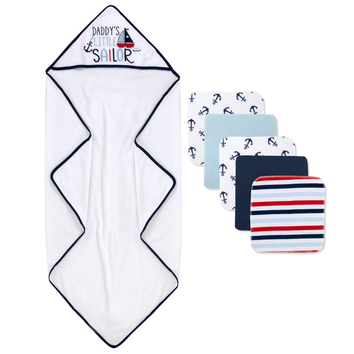 Baby Bath Set with Hooded Towel & 5 Wash Cloths - Little Sailor Theme - BagsInBulk.ca