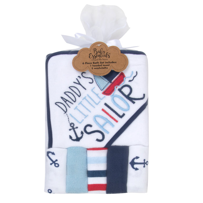 Baby Bath Set with Hooded Towel & 5 Wash Cloths - Little Sailor Theme - BagsInBulk.ca