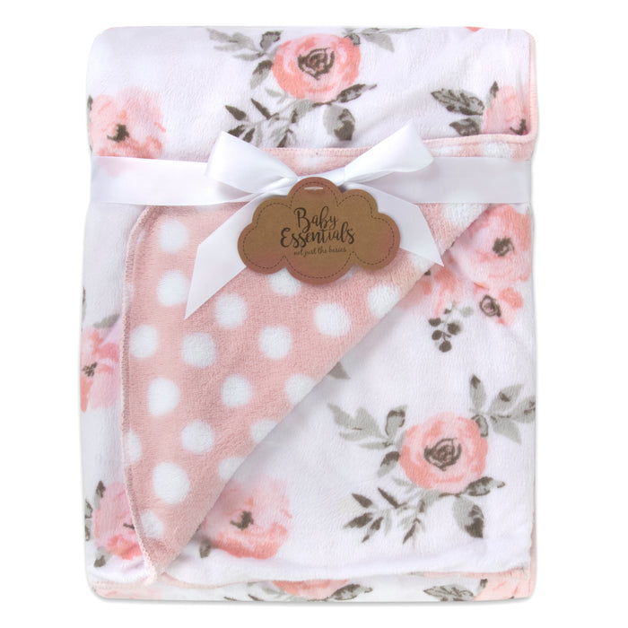Baby Fleece Reversible Blankets 36" x 30" - Floral & Polka Dot Print - BagsInBulk.ca