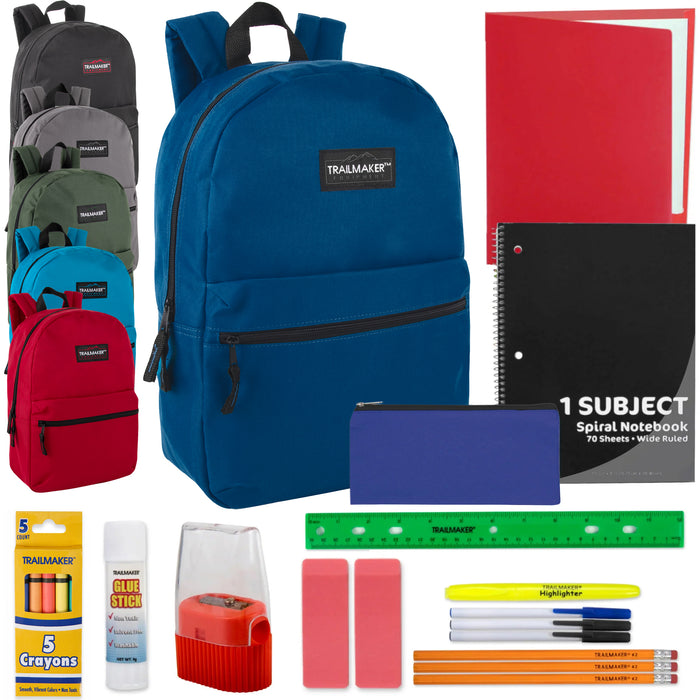 17 Inch Classic Backpack with 20-Piece School Supply Kit - 6 Colors - BagsInBulk.ca