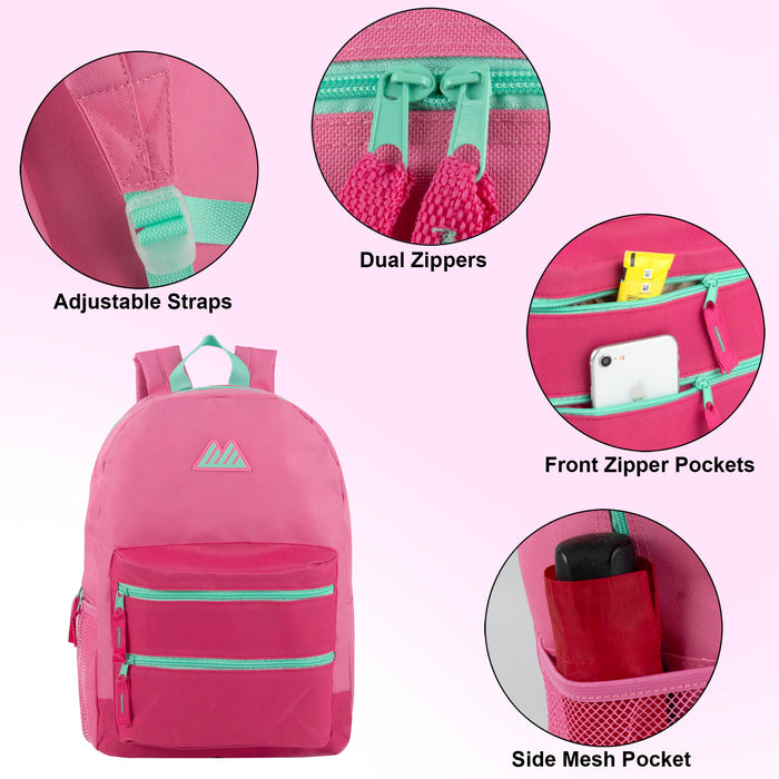 17-Inch Double Front Zippered Pocket Backpack - 5 Pastel Color - BagsInBulk.ca