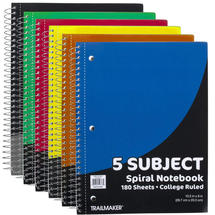 5 Subject Spiral Notebook - College Ruled - BagsInBulk.ca