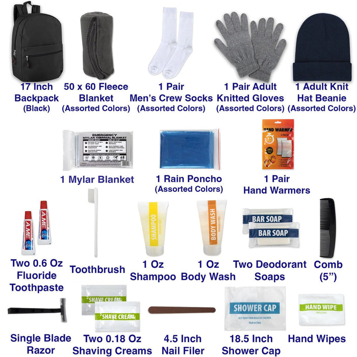 Warm Essential 23-piece Homeless Care Hygiene Kit with Backpack, Poncho, Socks - BagsInBulk.ca