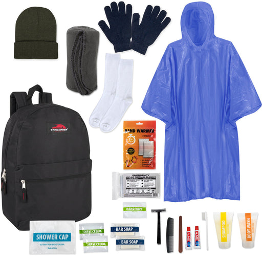 Warm Essential 23-piece Homeless Care Hygiene Kit with Backpack, Poncho, Socks - BagsInBulk.ca
