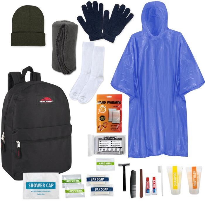 Warm Essential 23-piece Homeless Care Hygiene Kit with Backpack, Poncho, Socks - BagsInBulk.ca