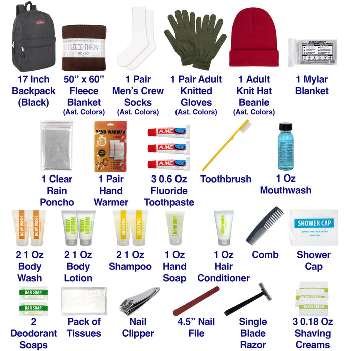 Warm Essential 34-Piece Homeless Care Hygiene Kit with Backpack, Poncho, Socks - BagsInBulk.ca