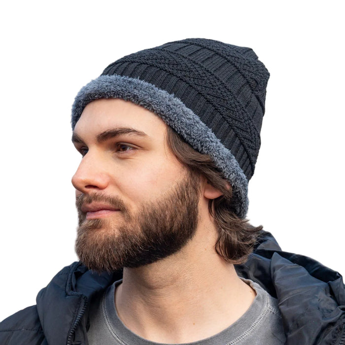 Ultra Warm Sherpa Fleece Knit Hat - Black - BagsInBulk.ca