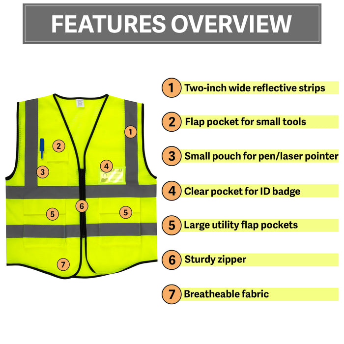 Deluxe Adult High Visibility Safety Vest With Clear ID Pocket - BagsInBulk.ca