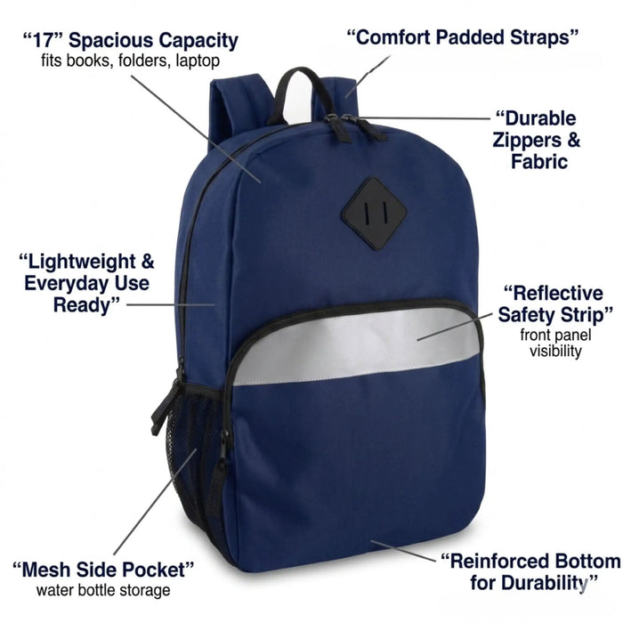 17-Inch Bulk Safety Reflective Backpack with Side Pocket - Navy by 4001NVY