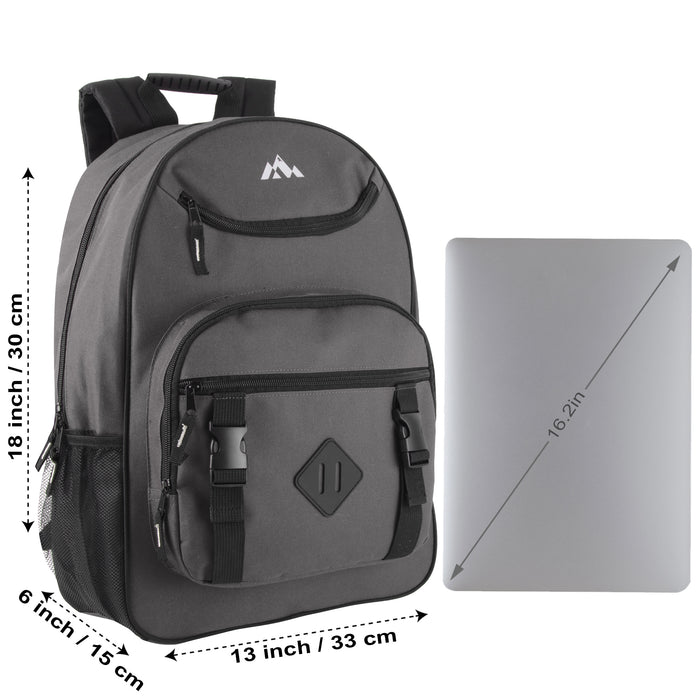 18 Inch Double Buckle Backpack with Laptop Section - 4 Colors - BagsInBulk.ca