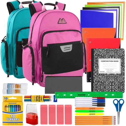 18-inch Bulk Multi Pocket Reflective Collegiate Backpack with Laptop Section with 45-Piece School Supply Kit - 2 Girl Colors by 4258SS