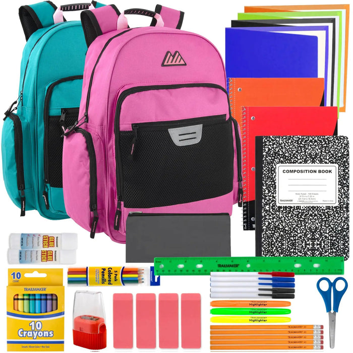 18-inch Bulk Multi Pocket Reflective Collegiate Backpack with Laptop Section with 45-Piece School Supply Kit - 2 Girl Colors by 4258SS