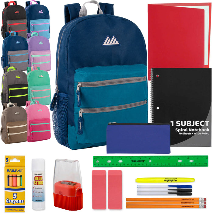 17-Inch Double Front Zippered Pocket Backpack & 20-Piece School Supplies Kit - 9 Colors - BagsInBulk.ca