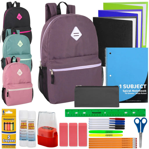 19" Side Pocket Backpack with 30-Piece School Supply Kit - Girls - BagsInBulk.ca
