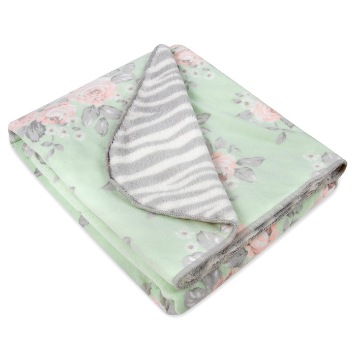 Baby Fleece Reversible Blankets 36" x 30" - Floral & Zebra Print - BagsInBulk.ca