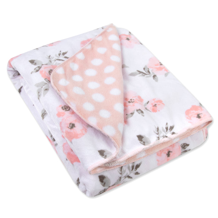 Baby Fleece Reversible Blankets 36" x 30" - Floral & Poka Dot Print - BagsInBulk.ca