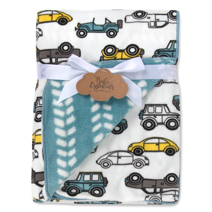 Baby Fleece Reversible Blankets 36" x 30" - Vehicle Themed - BagsInBulk.ca