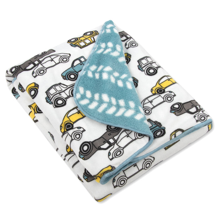 Baby Fleece Reversible Blankets 36" x 30" - Vehicle Themed - BagsInBulk.ca