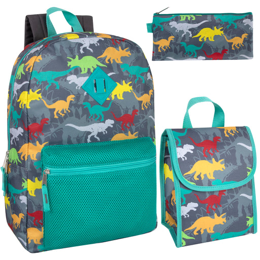Wholesale 17 Inch Printed Backpack With Matching Pencil & Lunch Bag - Dinosaur - BagsInBulk.ca