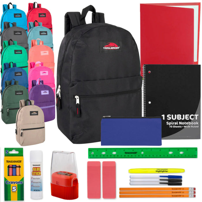 17 Inch Classic Backpack with 20-Piece School Supply Kit - 12 Colors