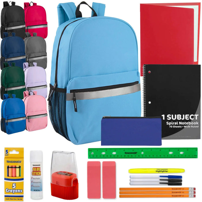 17-Inch Safety Reflective Backpack with 20-Piece School Supplies Kit - 10 Colors by 8781SS