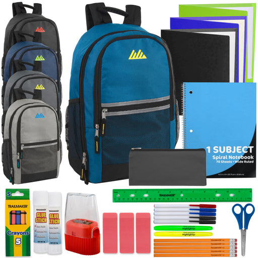 18" Multi-Pocket Reflective Backpack with 30-Piece School Supply Kit - 5 Colors - BagsInBulk.ca