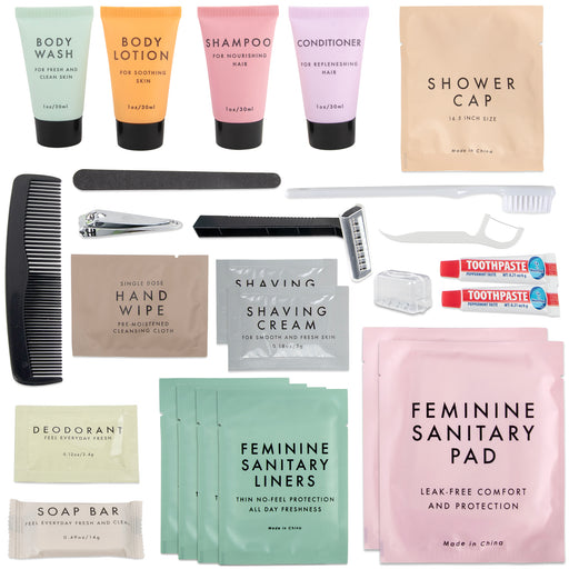 Premium Essentials Feminine 25 Piece Hygiene Kit - BagsInBulk.ca