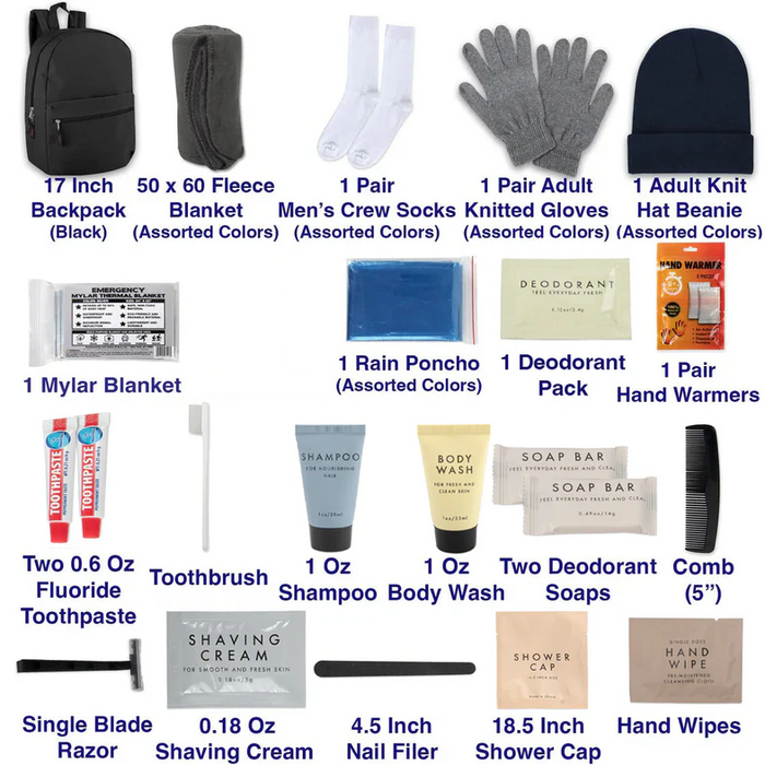 Warm Essential 23-piece Homeless Care Hygiene Kit with Backpack, Poncho, Socks - BagsInBulk.ca