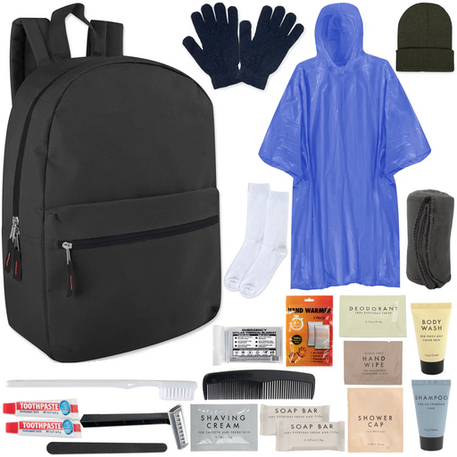 Warm Essential 23-piece Homeless Care Hygiene Kit with Backpack, Poncho, Socks - BagsInBulk.ca