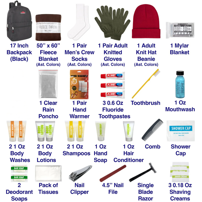 Warm Essential 34-Piece Homeless Care Hygiene Kit with Backpack, Poncho, Socks - BagsInBulk.ca