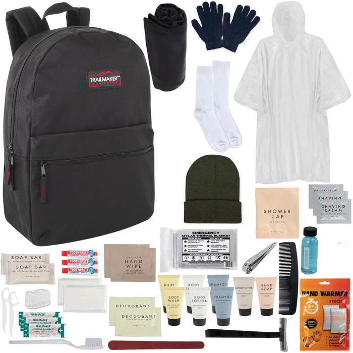 Warm Essential 34-Piece Homeless Care Hygiene Kit with Backpack, Poncho, Socks - BagsInBulk.ca