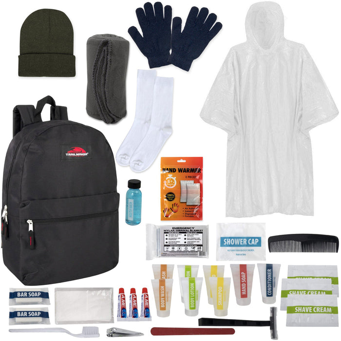 Warm Essential 34-Piece Homeless Care Hygiene Kit with Backpack, Poncho, Socks - BagsInBulk.ca